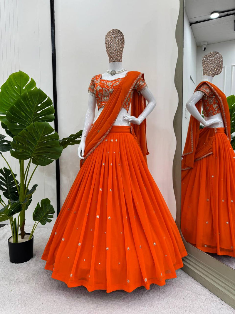 Elegant Ruffle-Style Lehenga Saree in Vibrant Orange