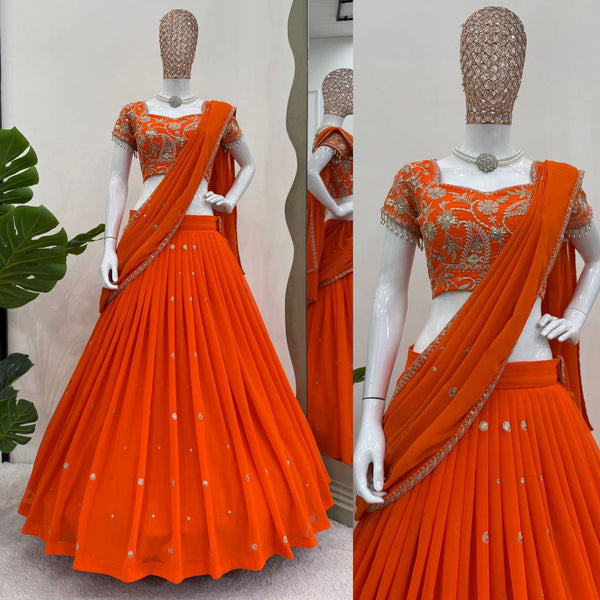 Elegant Ruffle-Style Lehenga Saree in Vibrant Orange