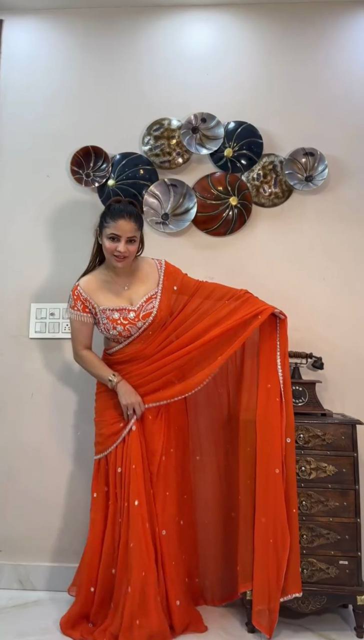 Elegant Ruffle-Style Lehenga Saree in Vibrant Orange