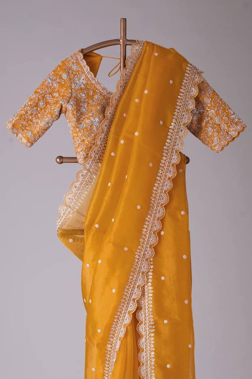 Yellow Designer Saree – Heavy Tibby Silk with Thread & Sequins Work