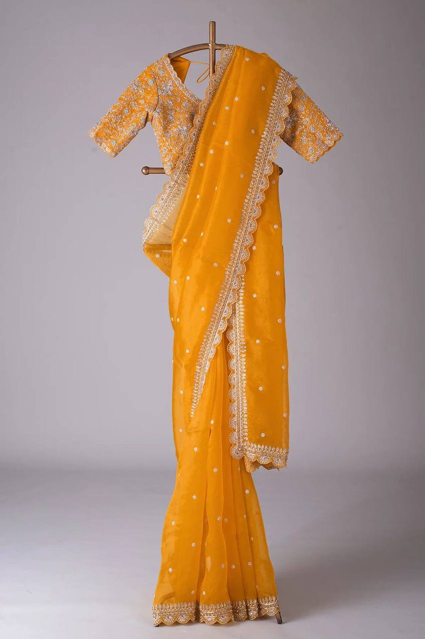 Yellow Designer Saree – Heavy Tibby Silk with Thread & Sequins Work