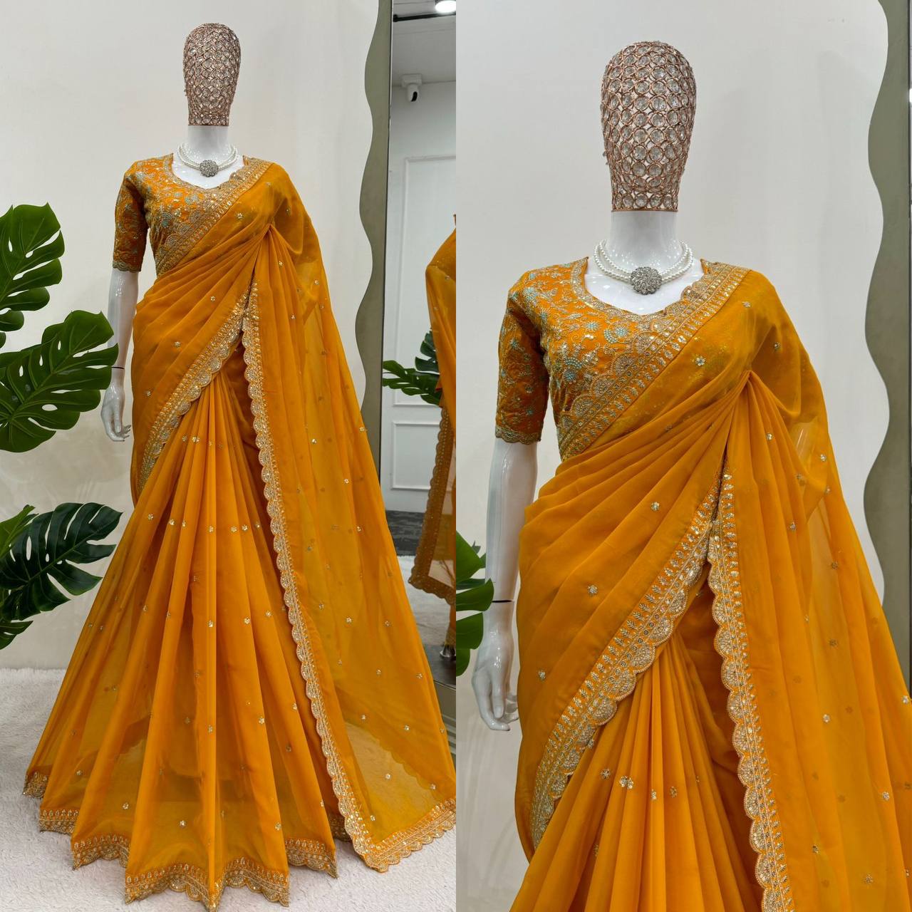 Yellow Designer Saree – Heavy Tibby Silk with Thread & Sequins Work