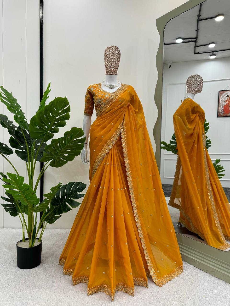 Yellow Designer Saree – Heavy Tibby Silk with Thread & Sequins Work