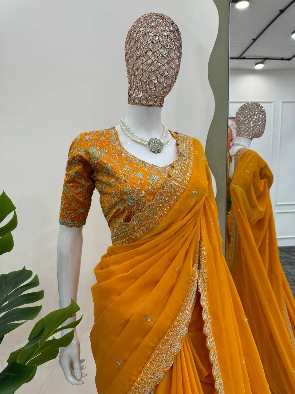 Yellow Designer Saree – Heavy Tibby Silk with Thread & Sequins Work