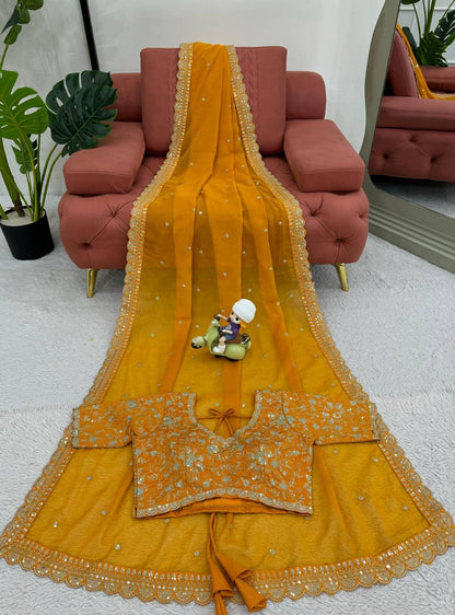 Yellow Designer Saree – Heavy Tibby Silk with Thread & Sequins Work