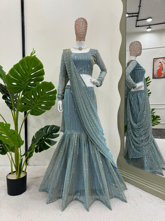 Premium Lycra Drape Style Lehenga Saree with Fancy Lycra Choli – Ready to Wear Designer Lehenga Saree for Wedding, Party & Festive Wear