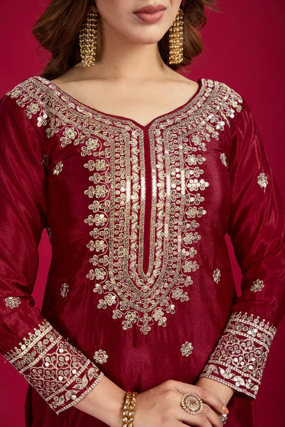 NEW CHINNON SILK EMBROIDERED TOP, PLAZO & DUPATTA SET
