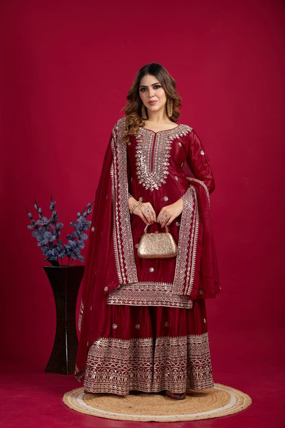 NEW CHINNON SILK EMBROIDERED TOP, PLAZO & DUPATTA SET