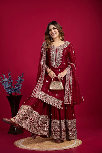 NEW CHINNON SILK EMBROIDERED TOP, PLAZO & DUPATTA SET