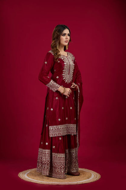 NEW CHINNON SILK EMBROIDERED TOP, PLAZO & DUPATTA SET