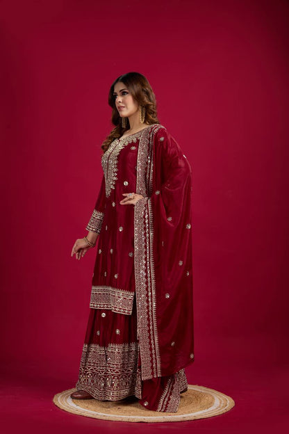 NEW CHINNON SILK EMBROIDERED TOP, PLAZO & DUPATTA SET