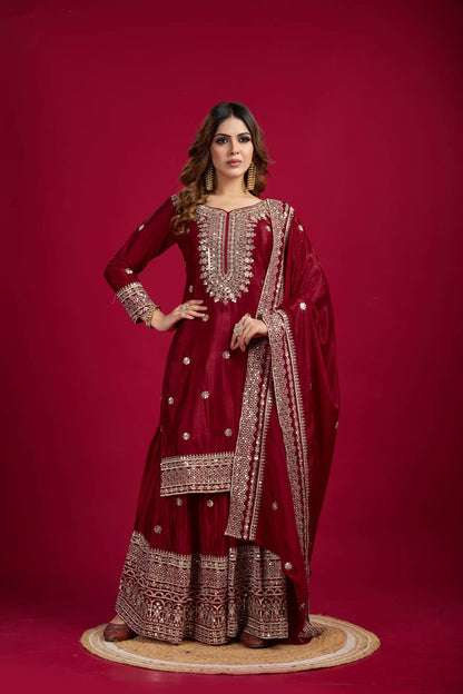 NEW CHINNON SILK EMBROIDERED TOP, PLAZO & DUPATTA SET