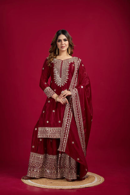 NEW CHINNON SILK EMBROIDERED TOP, PLAZO & DUPATTA SET