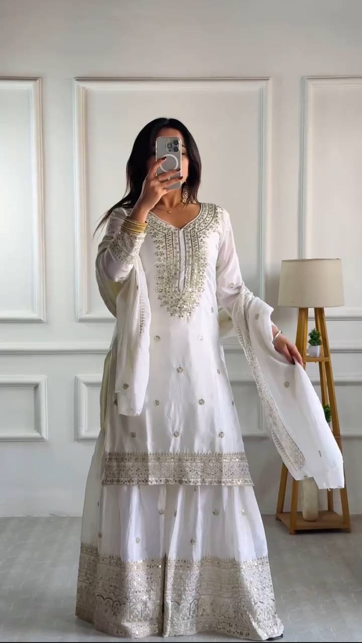 NEW CHINNON SILK EMBROIDERED TOP, PLAZO & DUPATTA SET