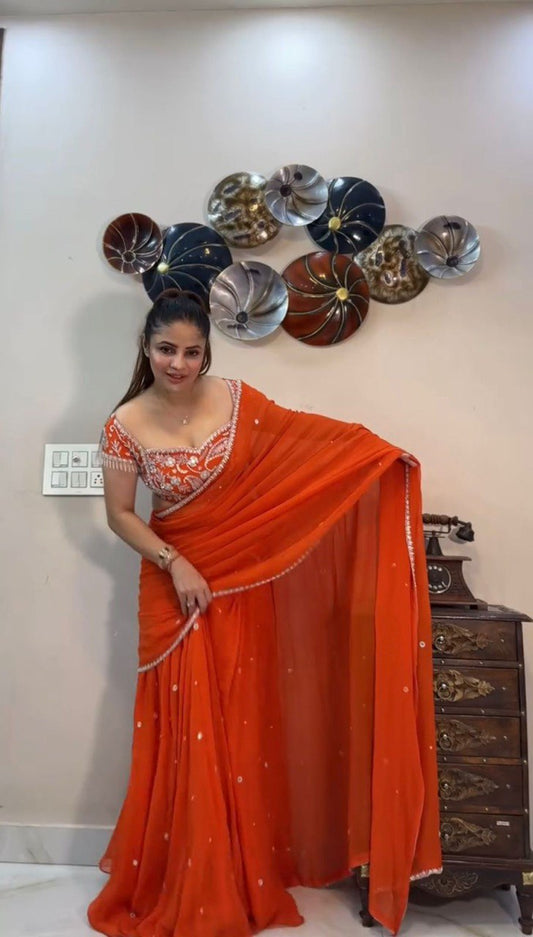 Designer Faux Georgette Ruffle Style Lehenga Saree with Thread & Sequence Work – Ready to Wear Lehenga Saree with Unstitched Choli for Wedding & Party Wear