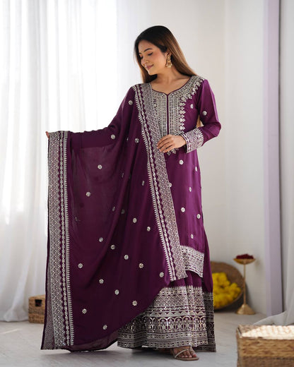 NEW CHINNON SILK EMBROIDERED TOP, PLAZO & DUPATTA SET