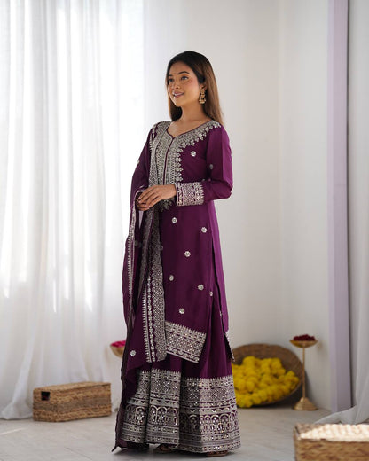 NEW CHINNON SILK EMBROIDERED TOP, PLAZO & DUPATTA SET
