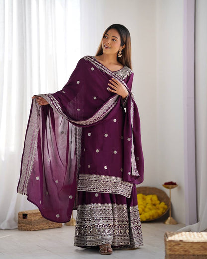 NEW CHINNON SILK EMBROIDERED TOP, PLAZO & DUPATTA SET