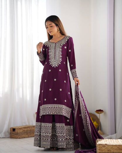 NEW CHINNON SILK EMBROIDERED TOP, PLAZO & DUPATTA SET