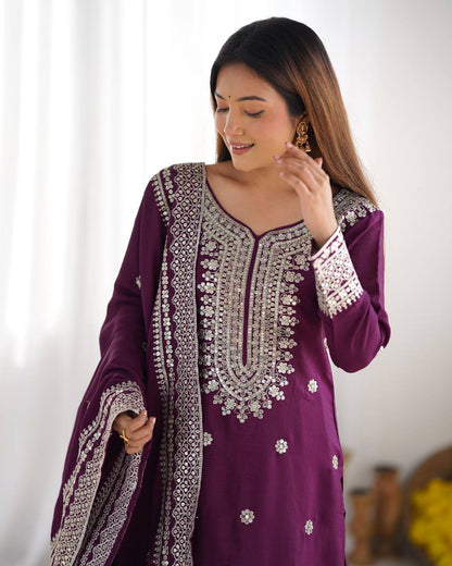 NEW CHINNON SILK EMBROIDERED TOP, PLAZO & DUPATTA SET