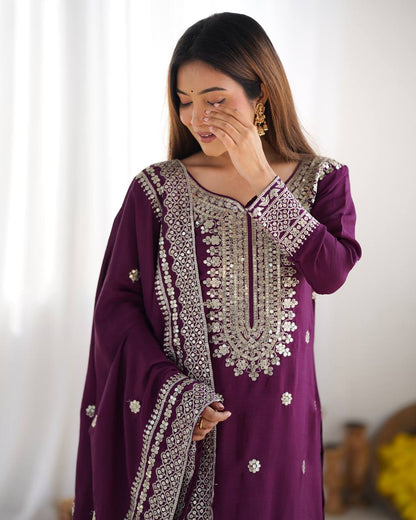 NEW CHINNON SILK EMBROIDERED TOP, PLAZO & DUPATTA SET