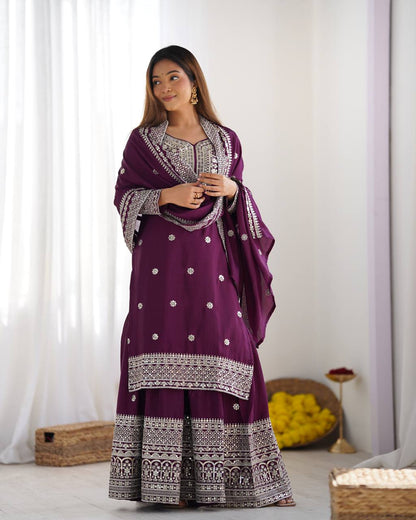NEW CHINNON SILK EMBROIDERED TOP, PLAZO & DUPATTA SET