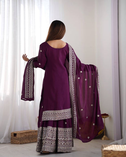 NEW CHINNON SILK EMBROIDERED TOP, PLAZO & DUPATTA SET