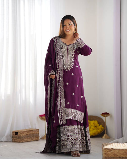 NEW CHINNON SILK EMBROIDERED TOP, PLAZO & DUPATTA SET