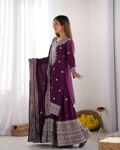 NEW CHINNON SILK EMBROIDERED TOP, PLAZO & DUPATTA SET