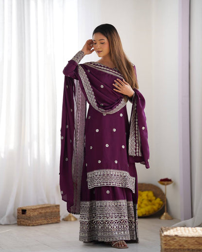 NEW CHINNON SILK EMBROIDERED TOP, PLAZO & DUPATTA SET