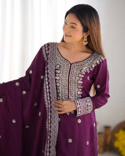 NEW CHINNON SILK EMBROIDERED TOP, PLAZO & DUPATTA SET
