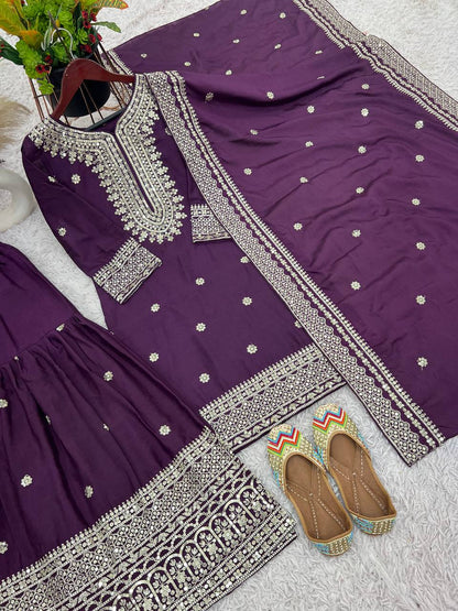 NEW CHINNON SILK EMBROIDERED TOP, PLAZO & DUPATTA SET