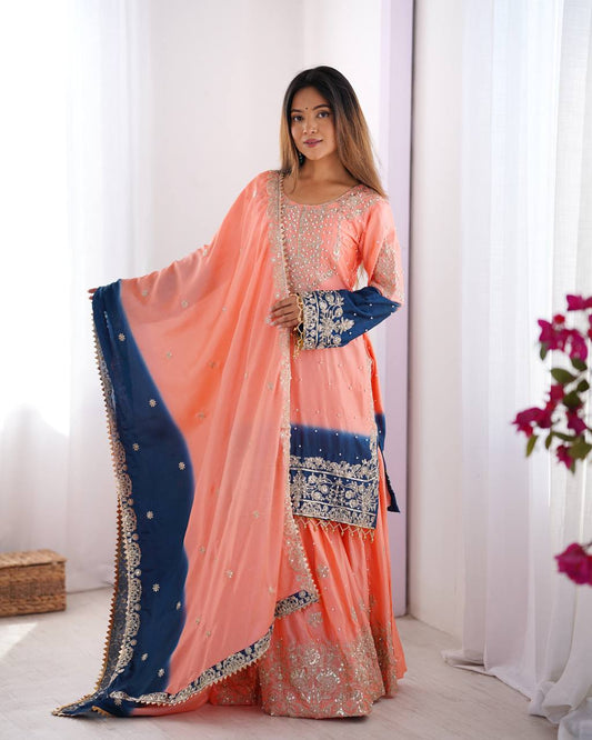 Elegant Heavy Chinon Designer Suit with Sharara & Dupatta