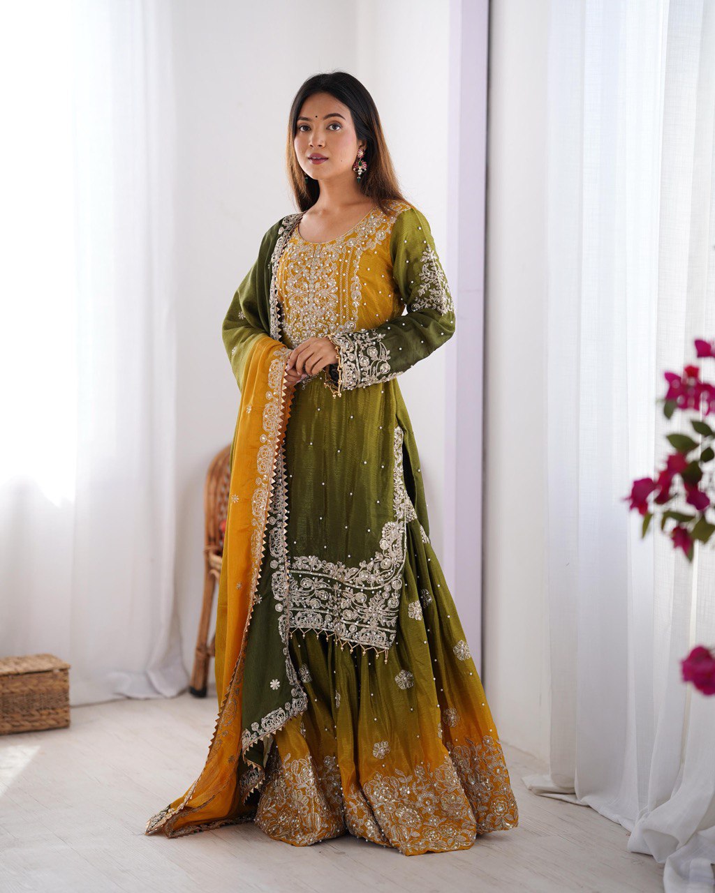 Elegant Heavy Chinon Designer Suit with Sharara & Dupatta