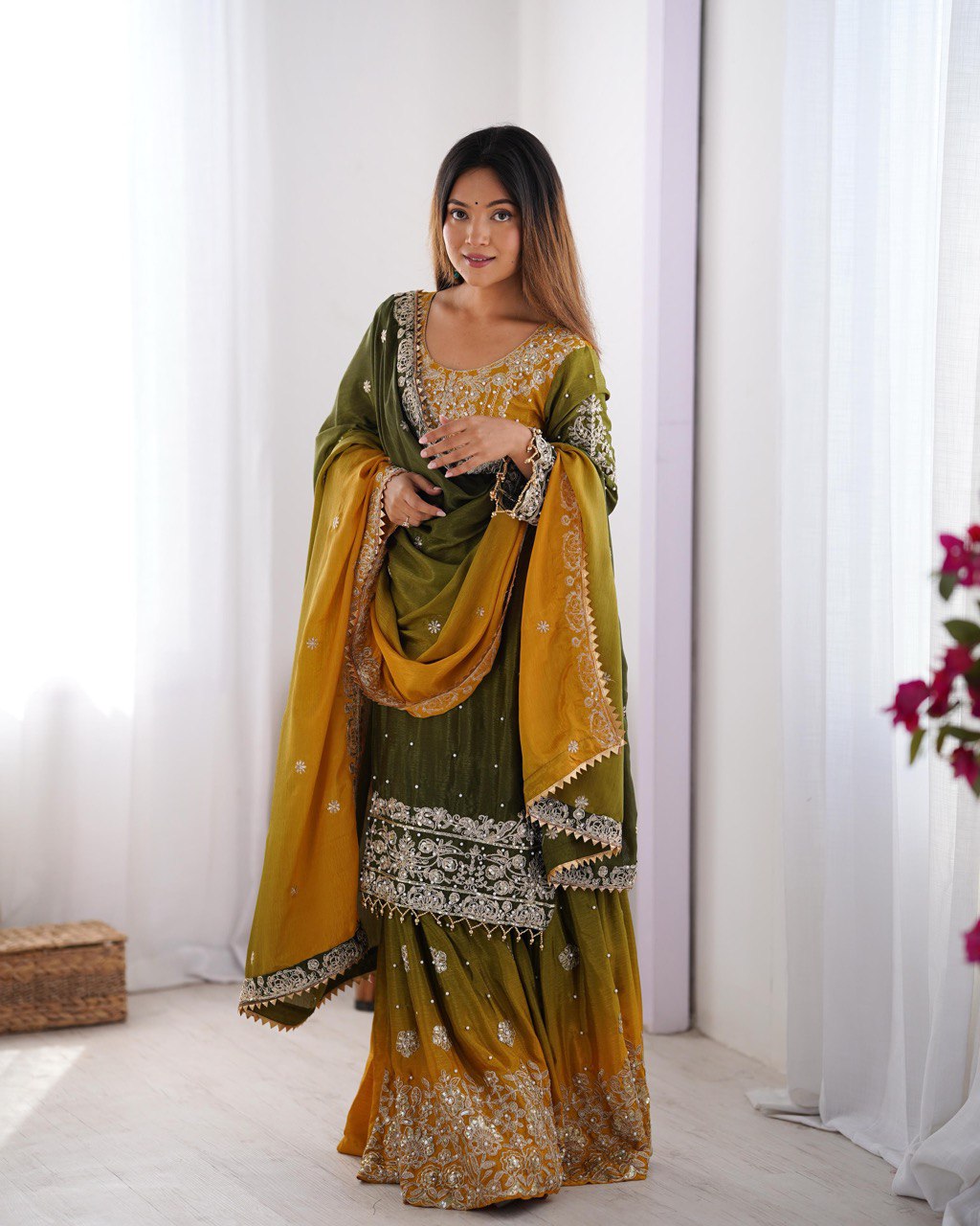Elegant Heavy Chinon Designer Suit with Sharara & Dupatta