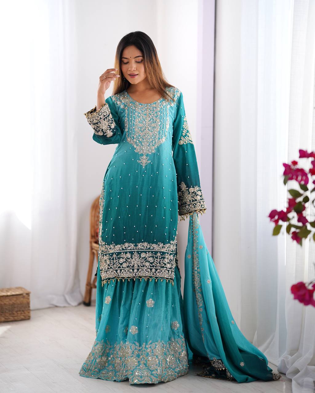 Elegant Heavy Chinon Designer Suit with Sharara & Dupatta