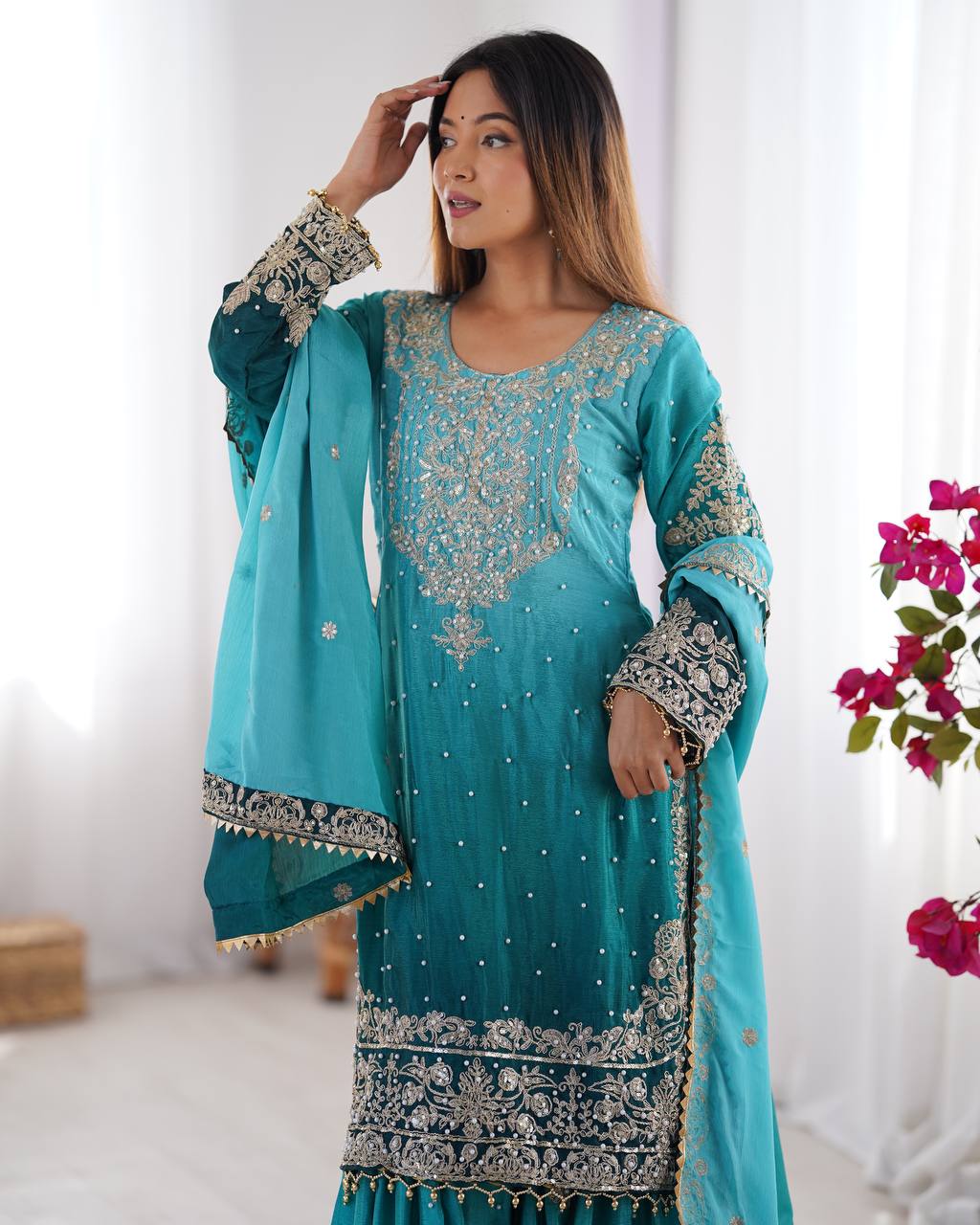Elegant Heavy Chinon Designer Suit with Sharara & Dupatta