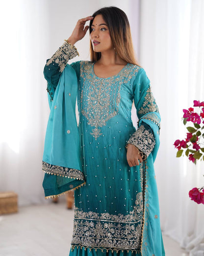 Elegant Heavy Chinon Designer Suit with Sharara & Dupatta