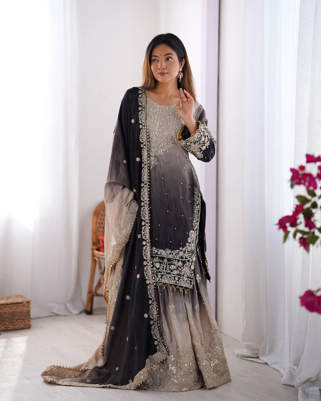 Elegant Heavy Chinon Designer Suit with Sharara & Dupatta