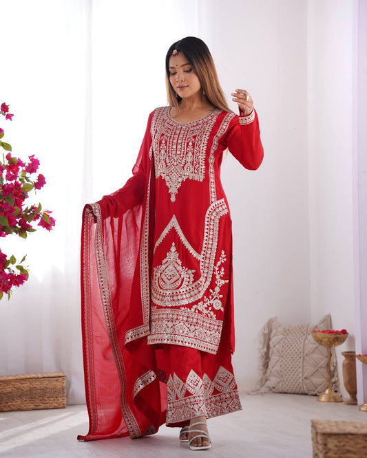 Elegant Vichitra Silk Straight Fit Kurta Dupatta Set – Fully Stitched & Ready to Wear