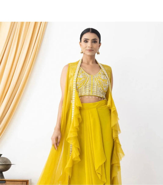 Designer 3-Piece Set – Embroidered Blouse, Dhoti & Koti with Ruffles