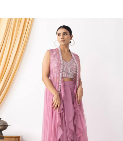 Designer 3-Piece Set – Embroidered Blouse, Dhoti & Koti with Ruffles