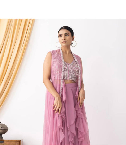 Designer 3-Piece Set – Embroidered Blouse, Dhoti & Koti with Ruffles