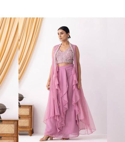 Designer 3-Piece Set – Embroidered Blouse, Dhoti & Koti with Ruffles