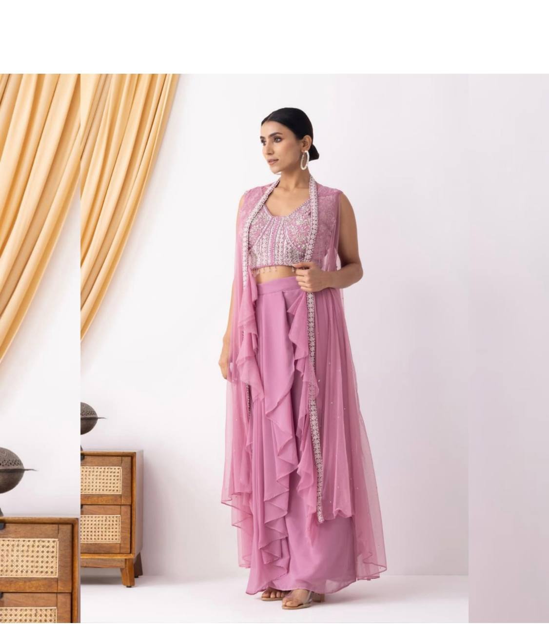 Designer 3-Piece Set – Embroidered Blouse, Dhoti & Koti with Ruffles