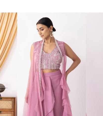 Designer 3-Piece Set – Embroidered Blouse, Dhoti & Koti with Ruffles
