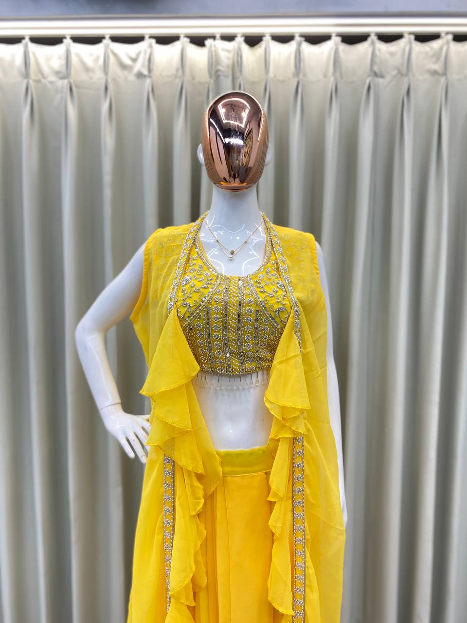 Designer 3-Piece Set – Embroidered Blouse, Dhoti & Koti with Ruffles