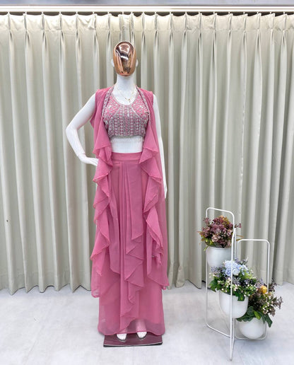 Designer 3-Piece Set – Embroidered Blouse, Dhoti & Koti with Ruffles