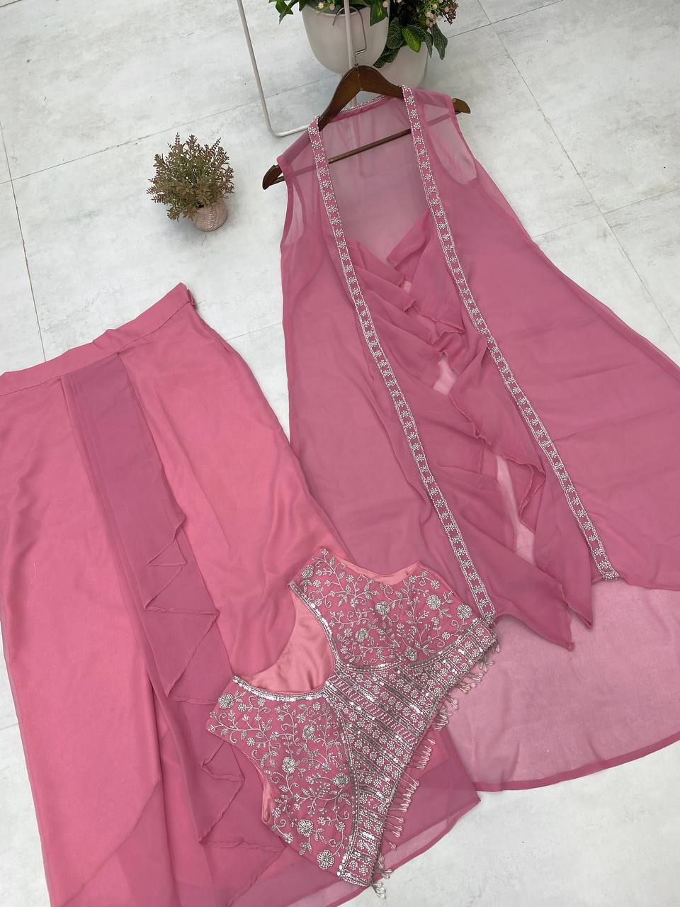 Designer 3-Piece Set – Embroidered Blouse, Dhoti & Koti with Ruffles