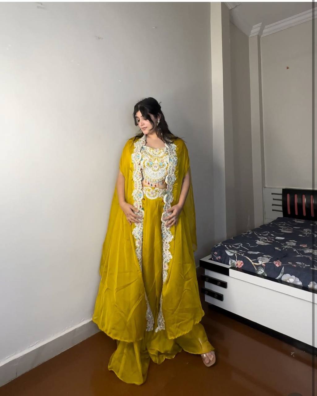Georgette Blouse, Skirt & Koti Set with Sequins & Diamond Work